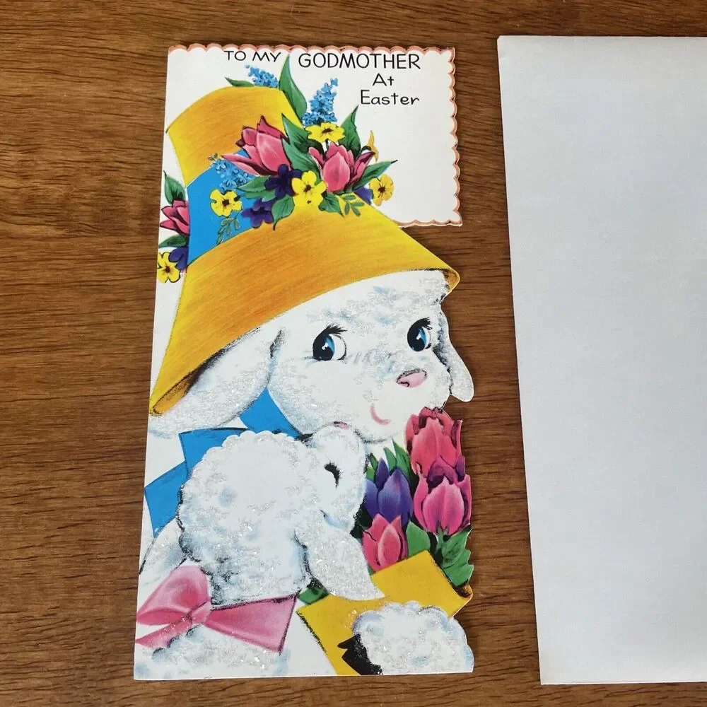 Vtg Oz Godmother Mica Glitter Spring Happy Easter Die Cut Greeting Card